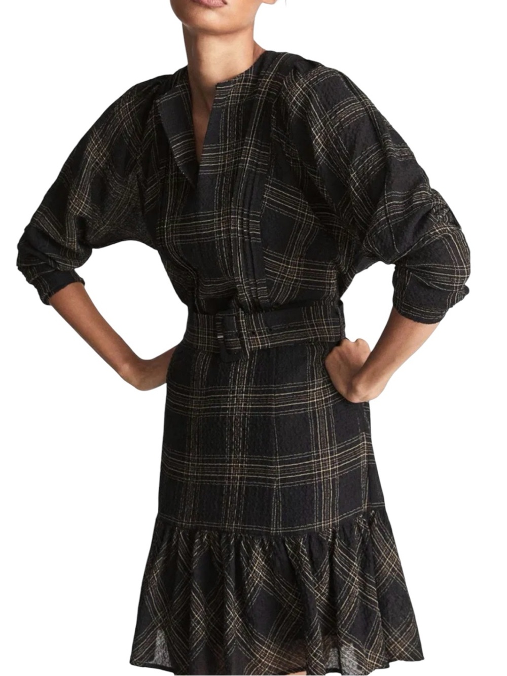 Reiss Daisy Black Plaid Belted V-Neck Dress Size 2